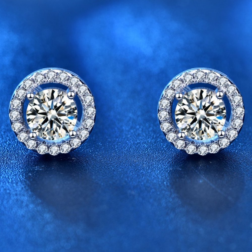 Certified 1ct. t.w. Diamond Moissanite Round Halo Stud Earrings NEW